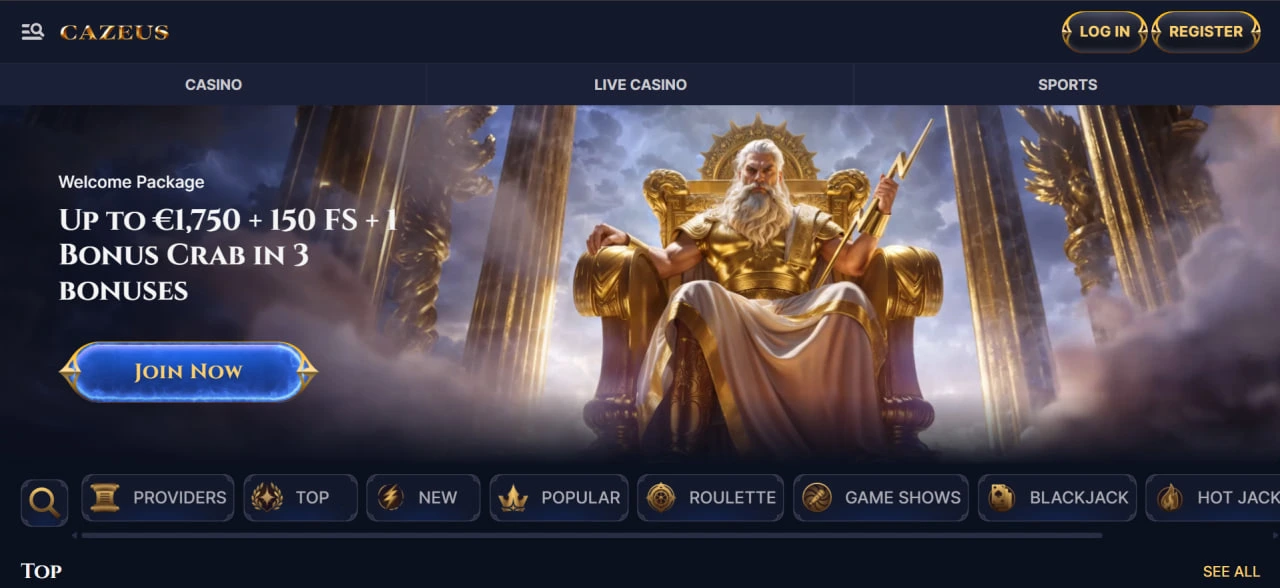 Cazeus Casino hoofdpagina
